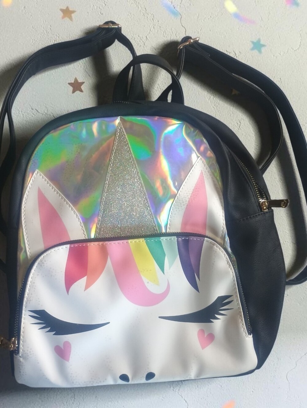 Unicorn Holographic Black Faux Leather Mini Backpack Rainbow Glitter Bag